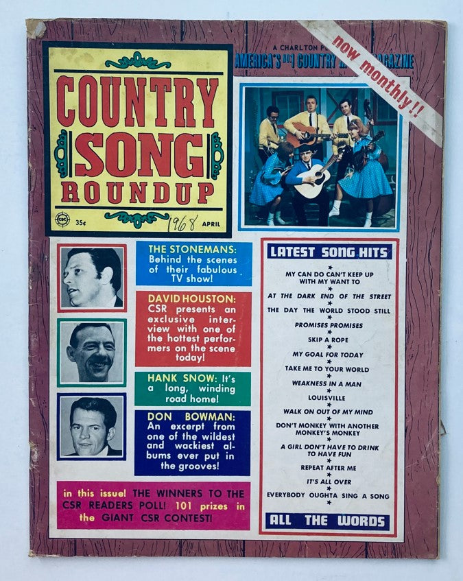 VTG Country Song Roundup Magazine April 1968 cover featuring The Stonemans and Hank Snow, showcasing vibrant colors and country music highlights.