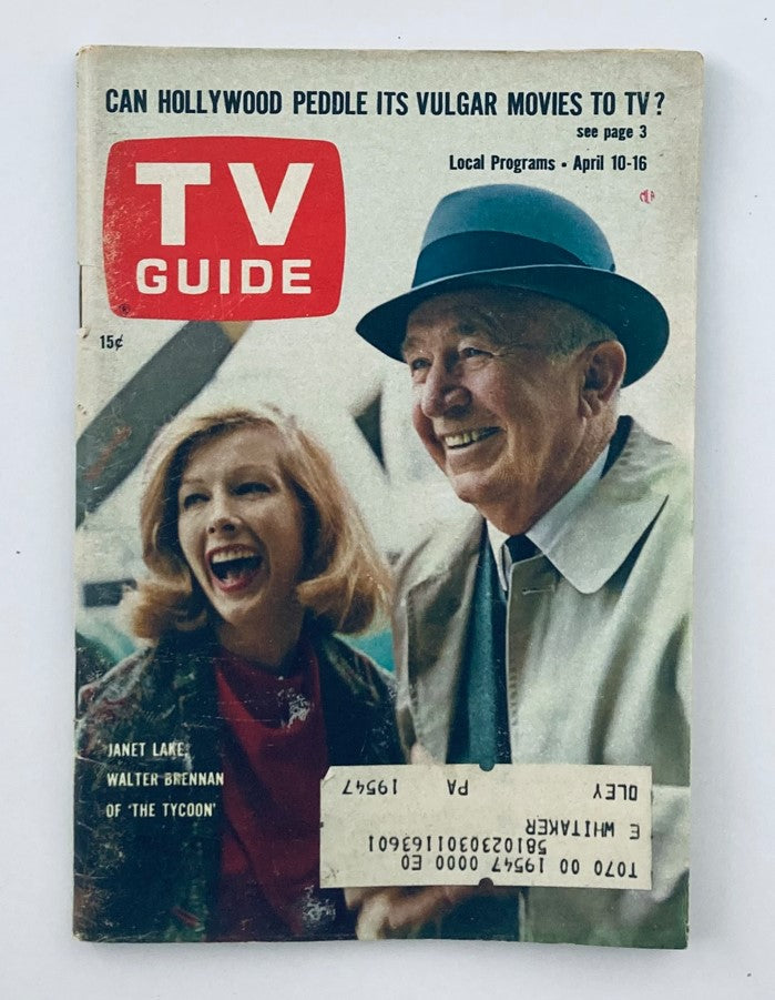 TV Guide Magazine cover from April 10, 1965 featuring Janet Lake and Walter Brennan. Issue number 628, showcasing vibrant colors and vintage design.