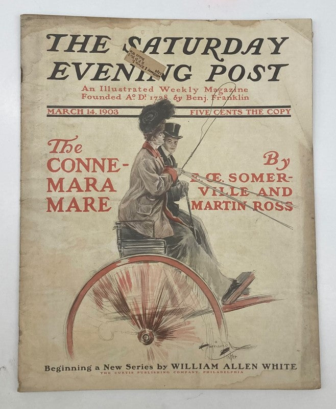 Saturday Evening Post Illustrated Cover March 14 1903 featuring The Conne-Mara Mare, showcasing a vintage art piece with a woman in a carriage and horse.