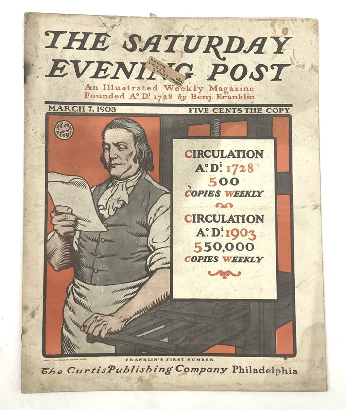 Vintage Saturday Evening Post Cover from March 7, 1903, featuring artwork titled 'Franklin's Good Interior', showcasing the historical charm of early 20th-century magazines.