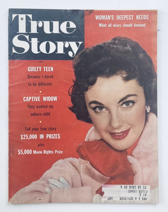 Cover of VTG True Story Magazine February 1956 Vol 74 No. 1 titled 'Woman's Deepest Needs', featuring a smiling woman with dark hair in a pink coat, showcasing elements of mid-20th century design.