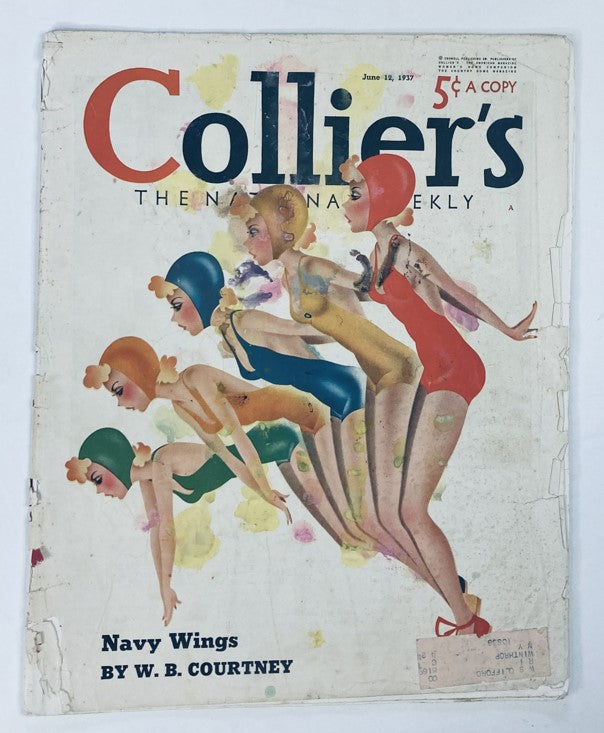 Cover of VTG Collier's Magazine from June 12, 1937, featuring the article 'Navy Wings' by W.B. Courtney, showcasing a vintage illustration of swimmers in vibrant swimming caps.