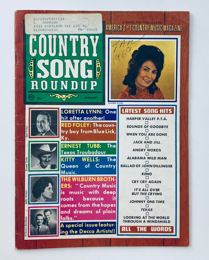 Cover of the VTG Country Song Roundup Magazine from January 1969 featuring Loretta Lynn and Red Foley, showcasing articles and insights into classic country music.