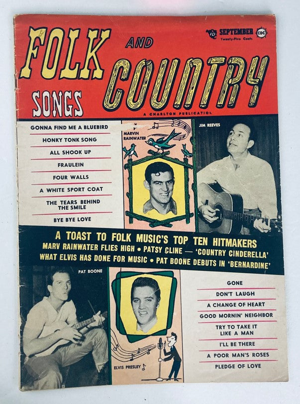 Cover of VTG Folk & Country Songs Magazine September 1957 featuring iconic artists Jim Reeves and Pat Boone, showcasing a colorful design with song titles.