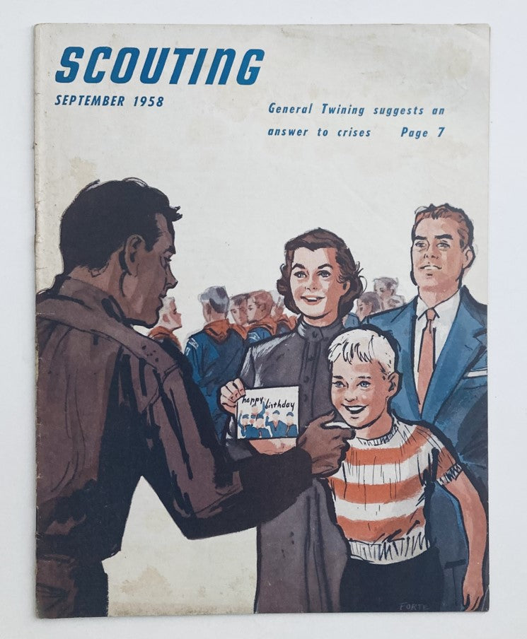 Cover of VTG Scouting Magazine, September 1958, Vol 46 No. 7 featuring colorful illustration of scouts and a birthday celebration.