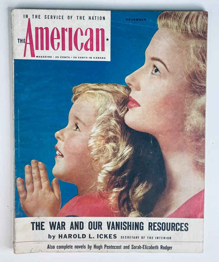 Cover of VTG The American Magazine December 1945 Vol 140 #6 featuring Heather Hughes, showcasing a woman and a child with a blue background and text about post-war resources.
