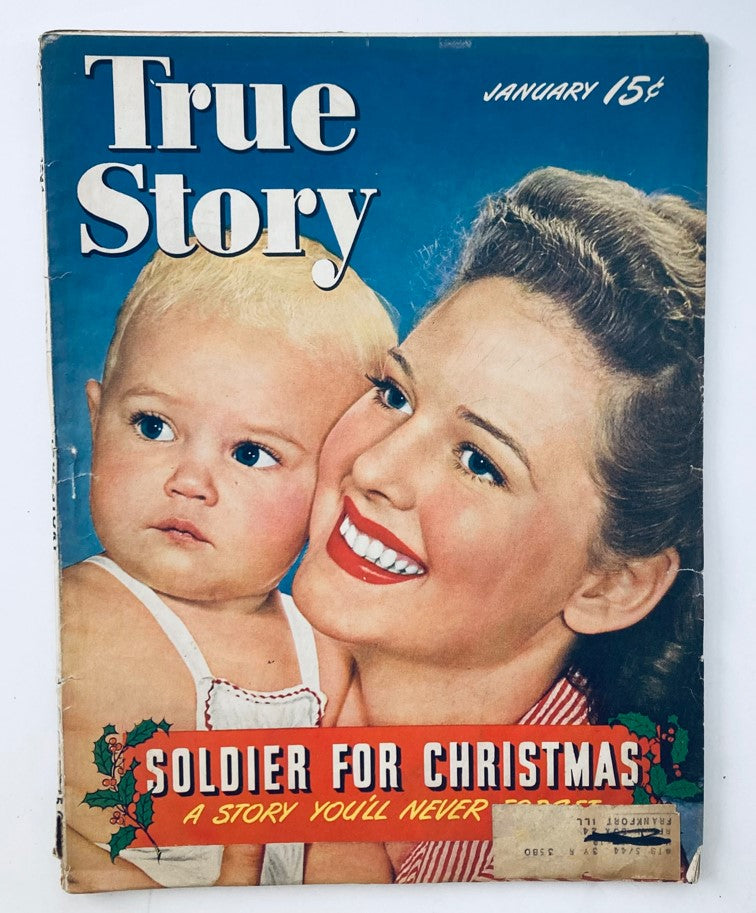 Cover of VTG True Story Magazine January 1944 Vol 49 No. 6 featuring a woman and a baby with the title 'Soldier for Christmas'.