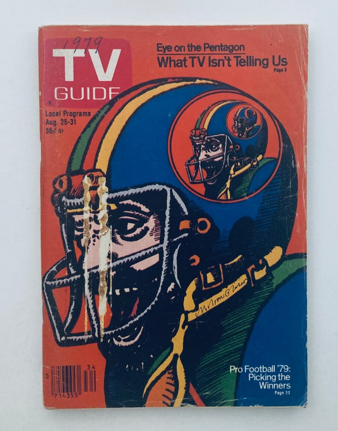 TV Guide Magazine August 25 1979 featuring Pro Football '79 with Baltimore Edition cover illustration depicting a football player wearing a helmet, vibrant colors, and showcasing nostalgic television history.