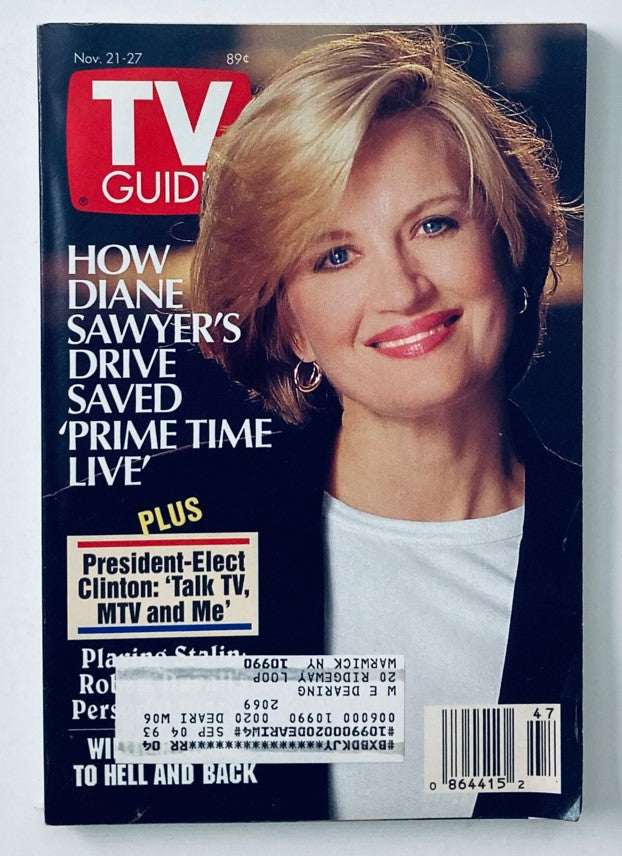 TV Guide Magazine November 21 1992 Diane Sawyer Cover NY Metro Edition featuring a smiling Diane Sawyer, showcasing her influence in broadcasting.