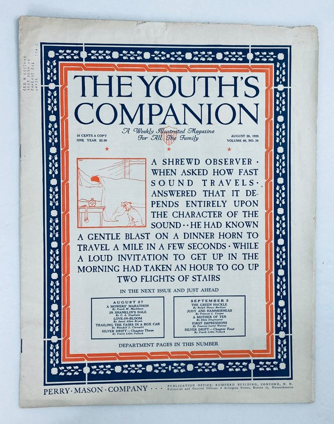 Cover of VTG The Youth's Companion Magazine, August 20 1925, Volume 99, Issue 34, titled 'A Shrewd Observer', featuring a colorful design and an illustration related to sound travel.
