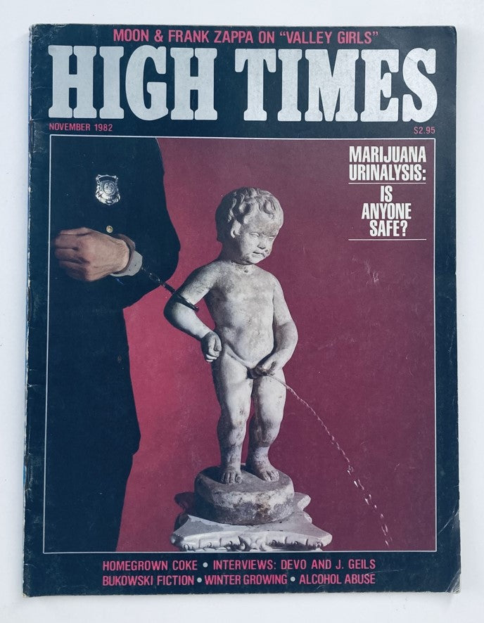Cover of High Times Magazine November 1982, issue #87 featuring a tribute to Frank Zappa with the headline 'Marijuana Urinalysis: Is Anyone Safe?' and an image of a statue of a boy urinating.