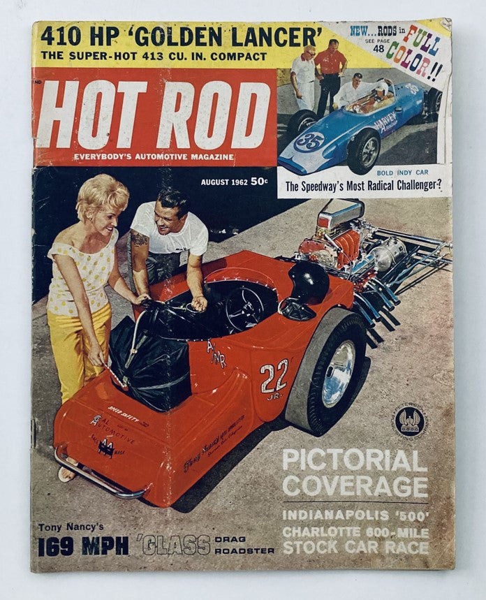 Cover of VTG Hot Rod Magazine August 1962 Vol 15 No. 8 featuring colorful graphics related to the Indianapolis '500' event and a dragster car.