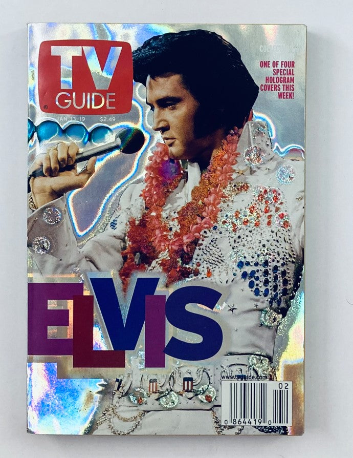 Cover of TV Guide Magazine January 13, 2001 featuring Elvis Presley, showcasing vibrant holographic design and iconic attire.