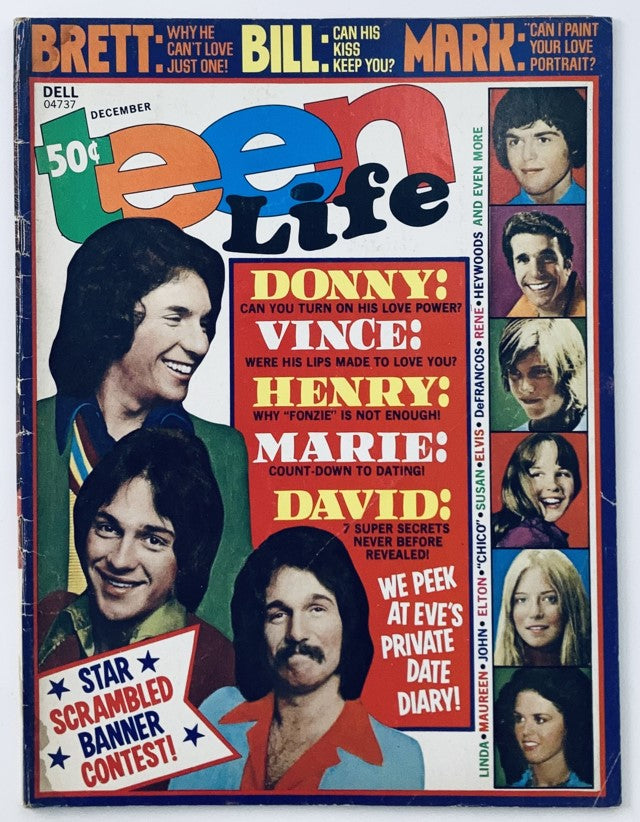 Cover of VTG Teen Life Magazine December 1975 featuring headlines about Donny, Vince, Henry, and others, highlighting celebrities and contests from the era.