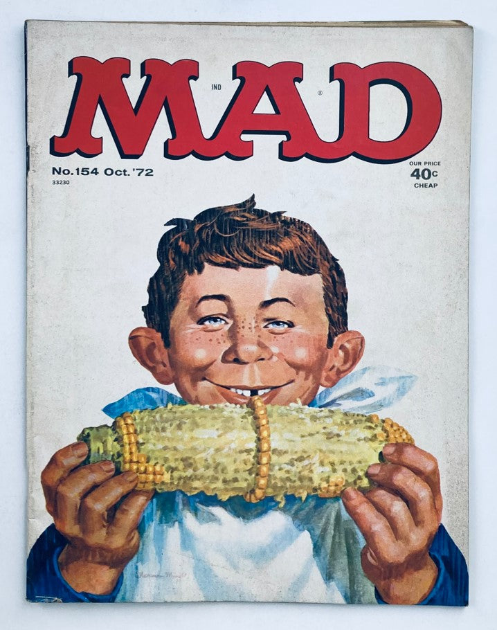 Cover of Mad Magazine October 1972 No. 154 featuring a boy holding a corn cob, embodying the whimsical humor of The Cowkids Movie theme.