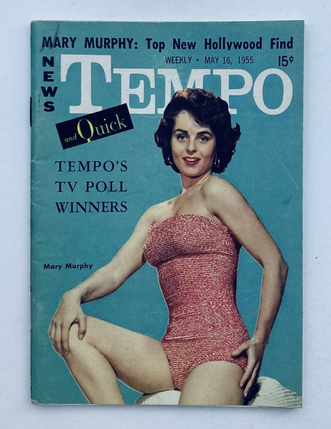 Cover of VTG Tempo & Quick Magazine dated May 16, 1955, Volume 4, Number 20, featuring Mary Murphy in a stylish swimsuit, highlighting her as a top new Hollywood find.