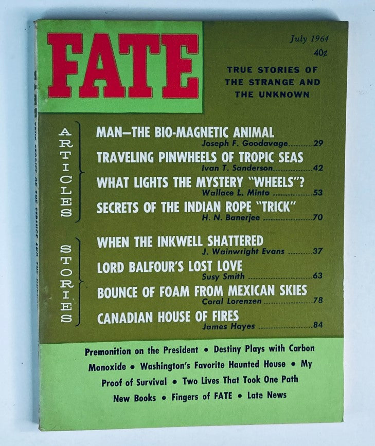 Cover of VTG Fate Magazine, July 1964 Vol 17 No. 7, featuring article 'Lord Balfour's Lost Love'. Highlights the magazine's theme of true stories about the strange and unknown.
