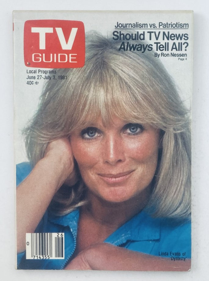 Cover of TV Guide Magazine from June 27, 1981 featuring a portrait of Linda Evans, highlighting the article 'Journalism vs. Patriotism'.
