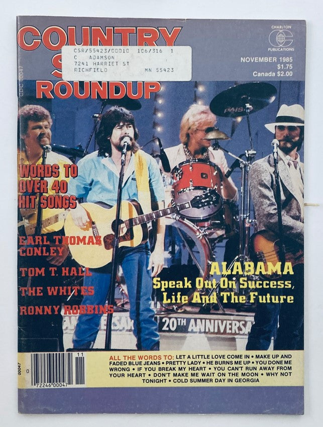 VTG Country Song Roundup Magazine November 1985 cover featuring artists and articles on Alabama Life and The Future.