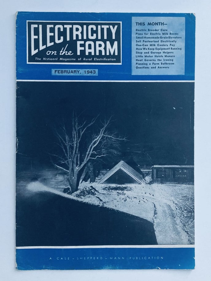 Cover of VTG Electricity on the Farm Magazine February 1943 featuring articles on electric brooder care and rural electrification. The magazine highlights its content with a blue and black design.