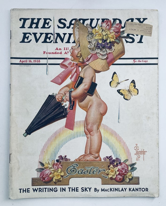 The Saturday Evening Post Magazine April 16 1938 cover featuring an illustration of a child in a large hat with flowers, holding an umbrella, with the title 'The Writing in The Sky' by Mackinlay Kantor and Easter themes.
