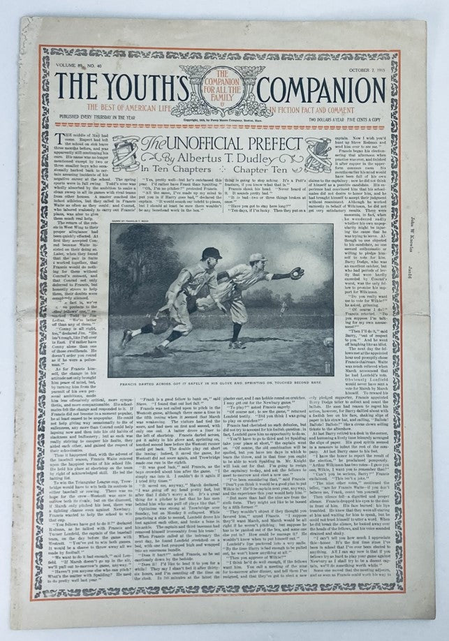 VTG The Youth's Companion Magazine October 7 1915 featuring a baseball scene, capturing early 20th-century American culture and literature.