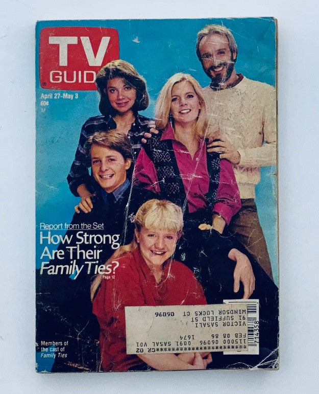 Cover of TV Guide Magazine April 27 1985 featuring Tina Yothers and the cast of Family Ties, showcasing television programming for that week.