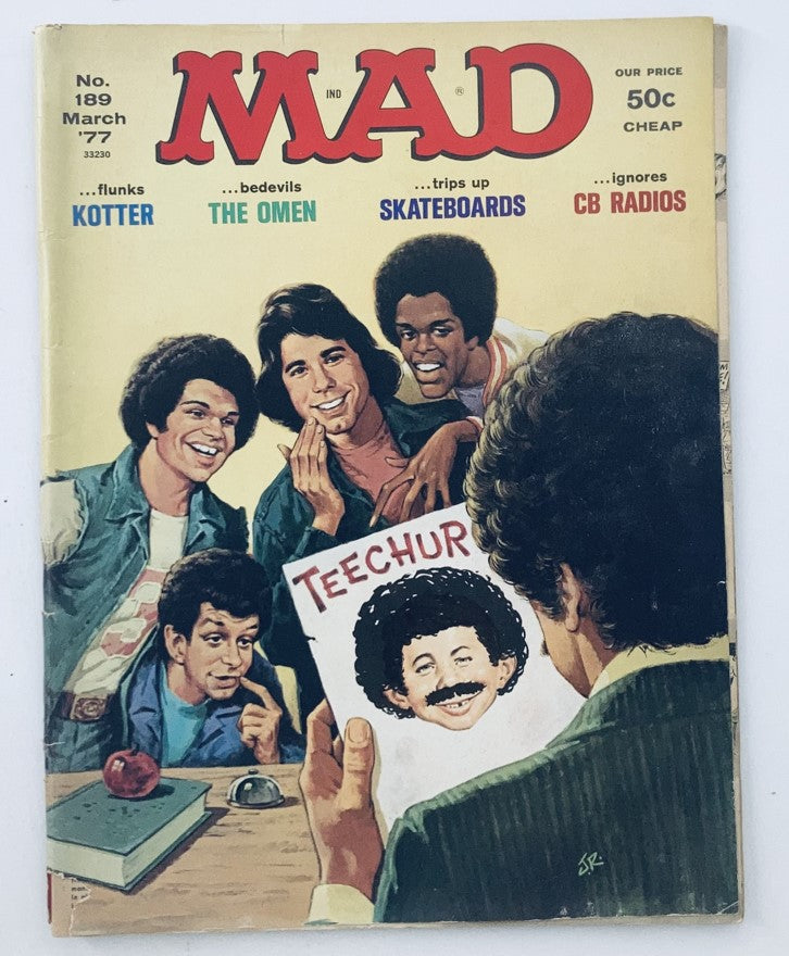 VTG Mad Magazine March 1977 No. 189 cover featuring John Travolta and friends with playful artwork and humorous elements.