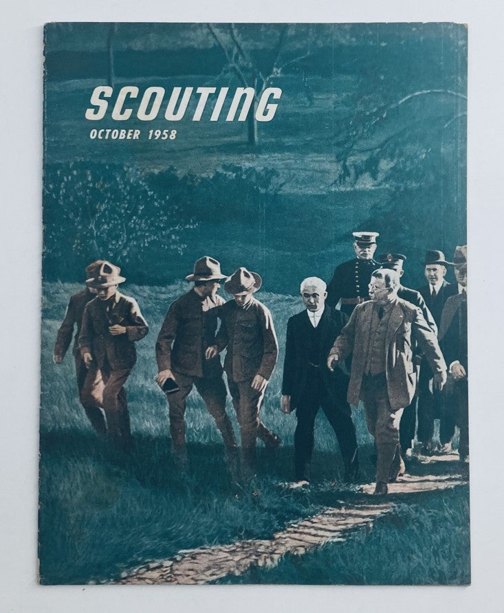 Cover of VTG Scouting Magazine October 1958, featuring Theodore Roosevelt and a group of men walking on a path.