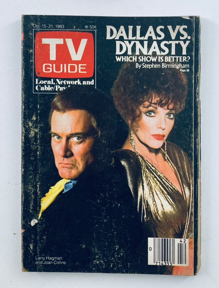 TV Guide Magazine cover from October 15, 1983, featuring the headline 'DALLAS VS. DYNASTY' with images of Larry Hagman and Joan Collins, showcasing vintage television history.