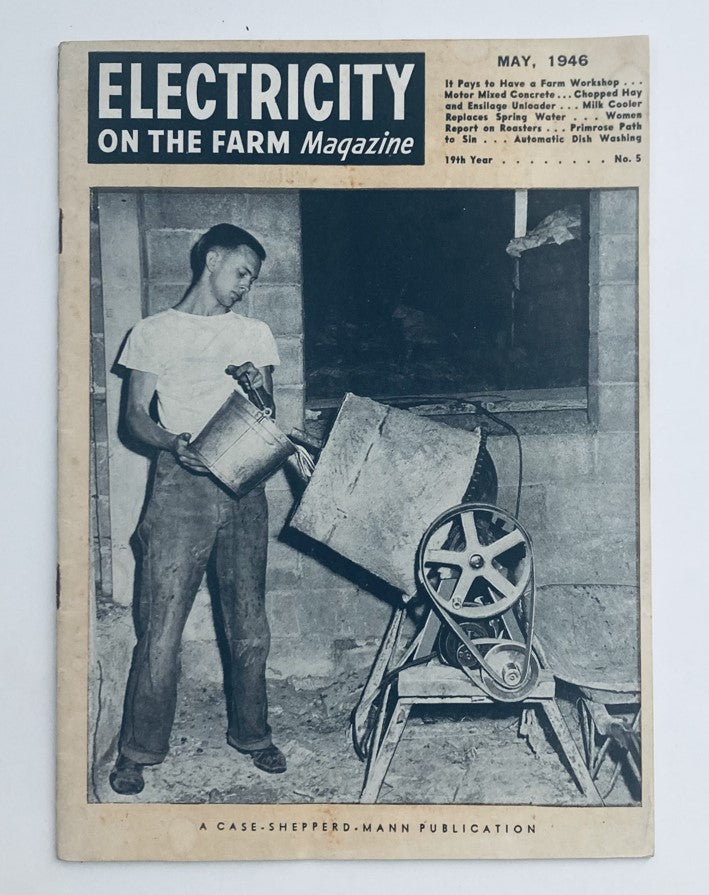 Cover of VTG Electricity on the Farm Magazine May 1946, showcasing a vintage farmer working with equipment, highlighting agricultural innovations.