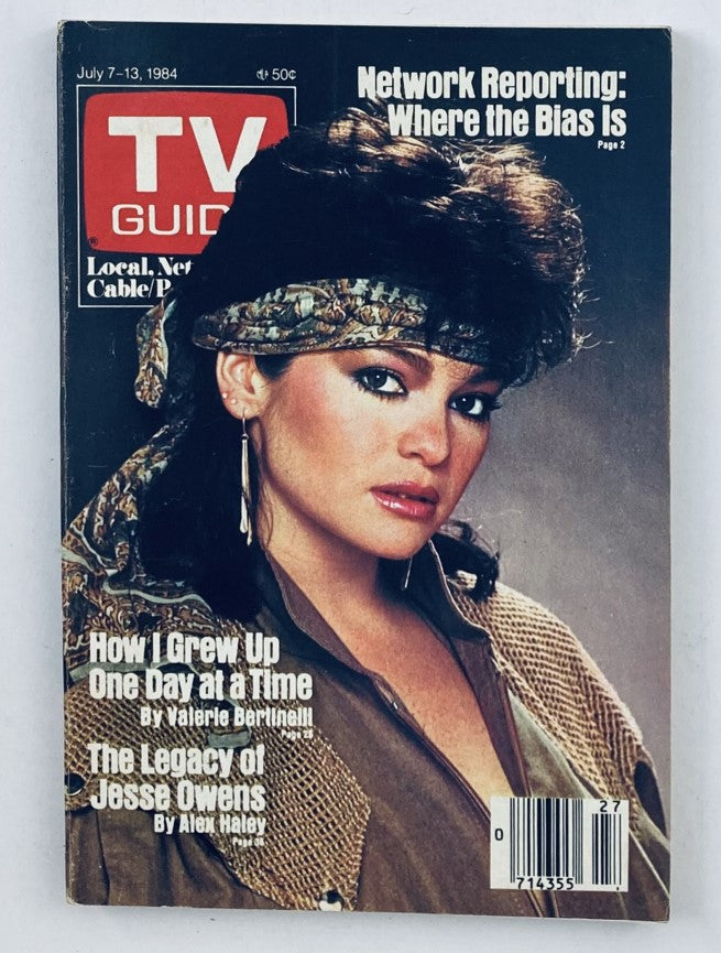 TV Guide Magazine cover from July 7, 1984 featuring Valerie Bertinelli. The magazine discusses network reporting, with a central image of Bertinelli styled in 1980s fashion.