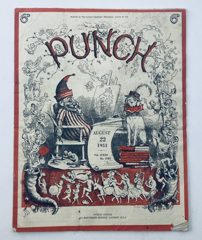 Vintage Punch Magazine titled 'VTG Punch Magazine August 22 1951 Vol 221 #5782'. Cover illustration displays a whimsical scene with characters and acrobats, capturing the humor of the post-WWII era.