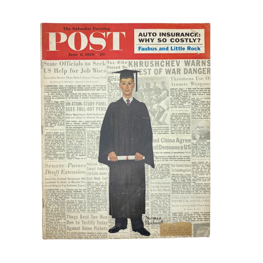Cover of the Saturday Evening Post Magazine from June 6, 1959 featuring College Graduates illustrated by Norman Rockwell, showcasing a graduate in cap and gown.