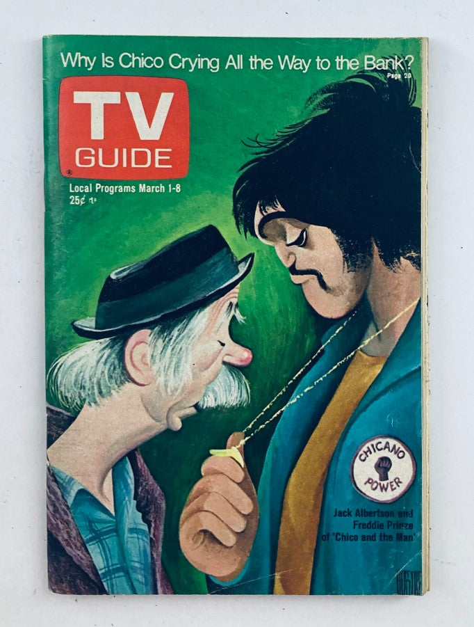 Cover of TV Guide Magazine March 1, 1975 #1144 featuring Jack Albertson and Freddie Prinze of 'Chico and the Man', highlighting a colorful illustration with the title 'Why Is Chico Crying All the Way to the Bank?' and a focus on cultural themes.