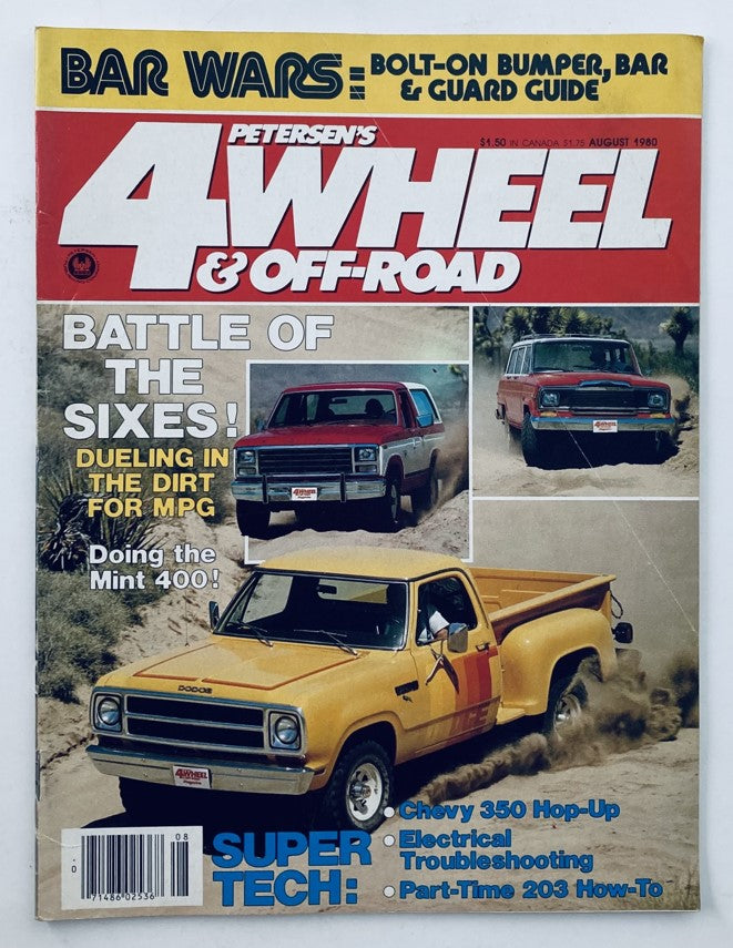 Cover of VTG Petersen's 4 Wheel & Off-Road Magazine August 1980 featuring a Dodge pickup in sandy terrain, highlighting the Mint 400 race with articles on off-road vehicles.