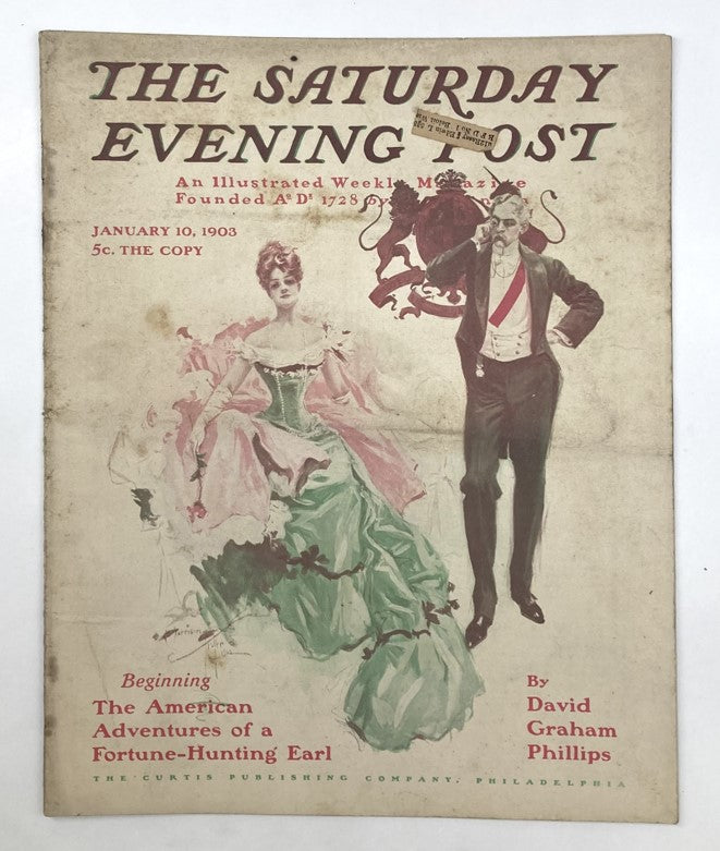 The Saturday Evening Post illustrated cover from January 10, 1903, featuring elegant illustrations and thematic designs reflecting the adventurous spirit of early 20th century America. This vintage magazine piece is a collectible item showcasing the craftsmanship of the time.