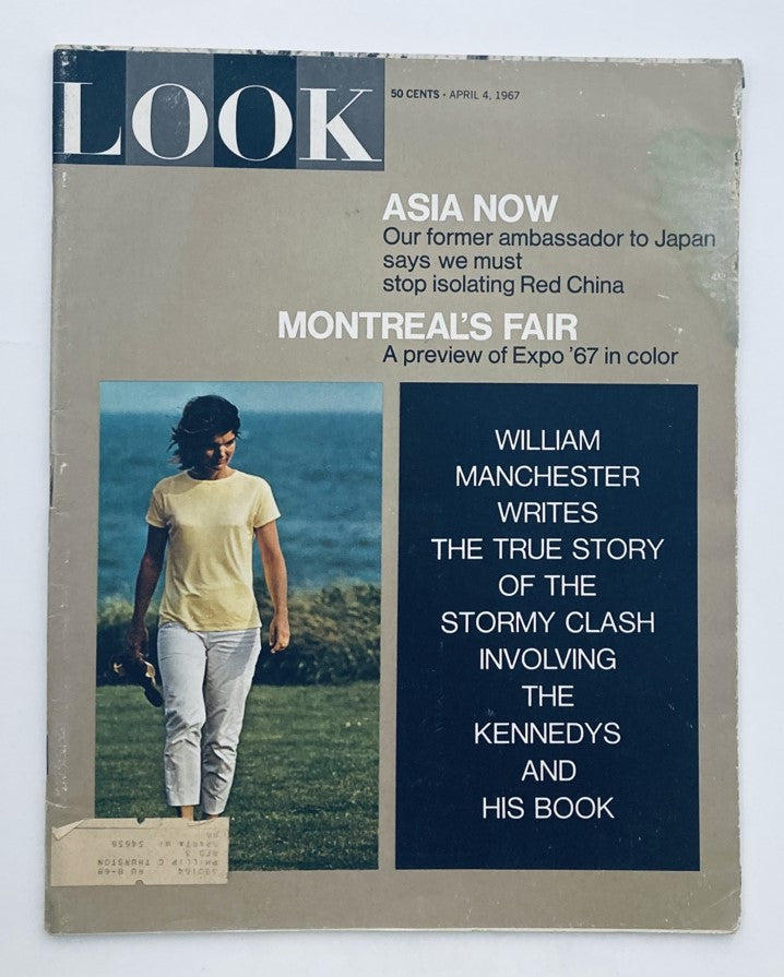 Cover of VTG Look Magazine April 4, 1967, Vol 31 No. 7 featuring Jackie Kennedy. The magazine highlights cultural themes of the 1960s with articles on Asia and Expo '67.