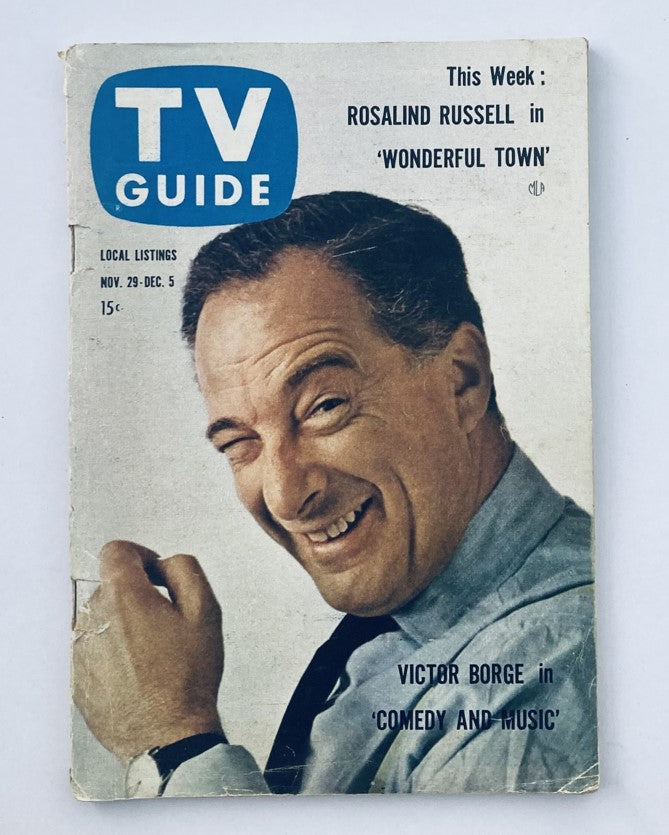 Cover of TV Guide Magazine November 29 1958 featuring Victor Borge, showcasing local TV listings and programming highlights.