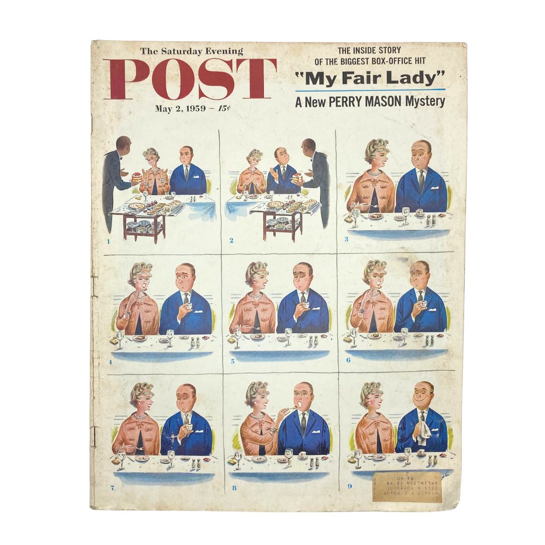 Cover of the Saturday Evening Post Magazine dated May 2, 1959, featuring a humorous comic strip illustrated by Alajalov with characters dining. The magazine highlights the inside story of the famous film 'My Fair Lady'.