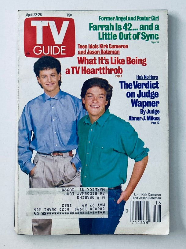 Cover of TV Guide Magazine from April 22, 1989, featuring Kirk Cameron and Jason Bateman, highlighting the theme of teen idols and notable television moments.