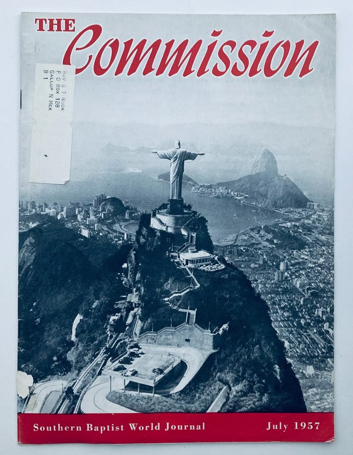 Vintage magazine cover of 'The Commission' from July 1957, published by Southern Baptist World Journal. Features an aerial view of the Christ the Redeemer statue overlooking Rio de Janeiro.