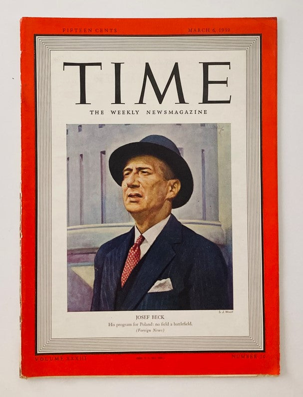 VTG Time Magazine March 6 1939, Volume 33, No. 10 featuring a portrait cover of Polish statesman Josef Beck, highlighting his historical significance.