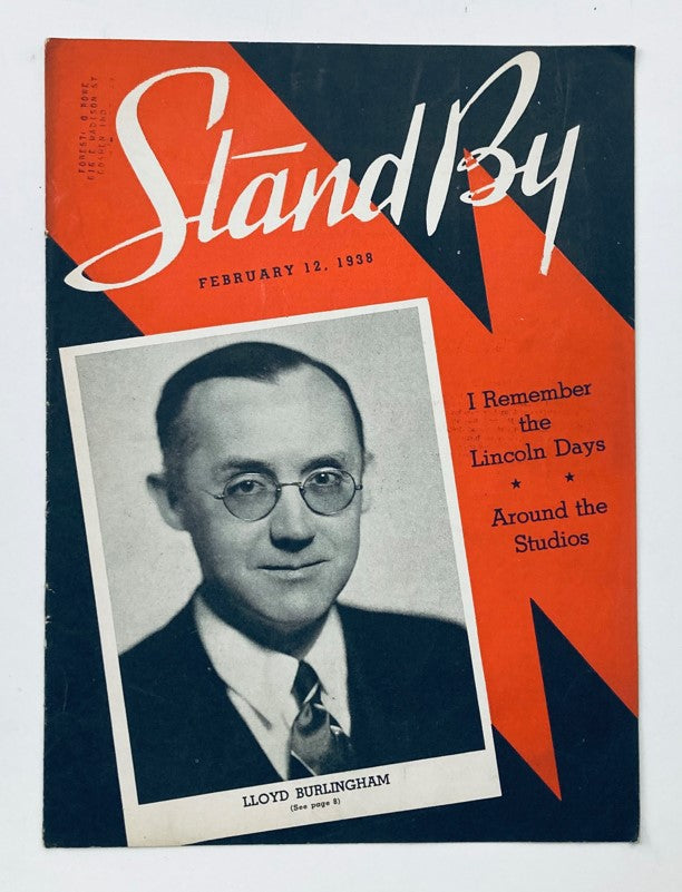 Cover of VTG Stand By Magazine from February 12, 1938 featuring Lloyd Burlingham, showcasing a portrait and stylized graphics related to the entertainment industry.