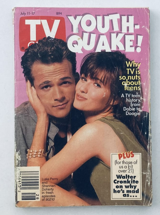 Cover of TV Guide Magazine July 11 1992 featuring Luke Perry and Shannen Doherty, highlighting youth culture and television history from the early 90s.