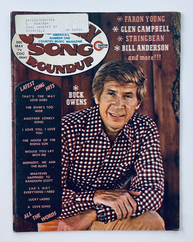 Cover of VTG Country Song Roundup Magazine May 1974 featuring Buck Owens and Faron Young, highlighting classic country music elements with vibrant illustrations and titles of iconic songs.