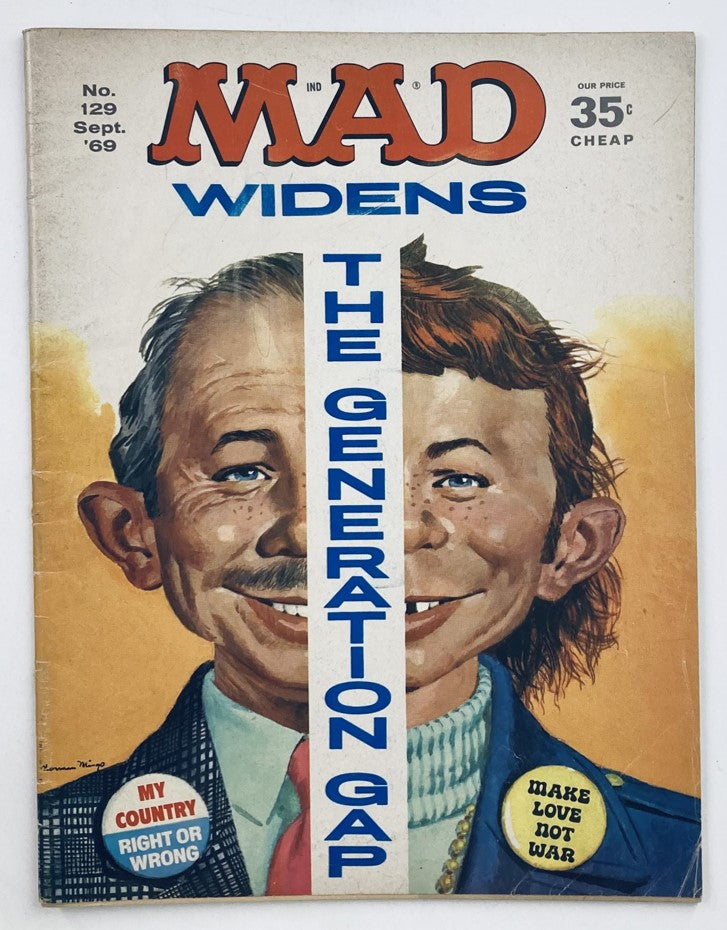 Cover of Mad Magazine September 1969 No. 129 titled 'The Generation Gap', featuring illustrations of a smiling older man and a young person, reflecting the humorous theme of generational differences.