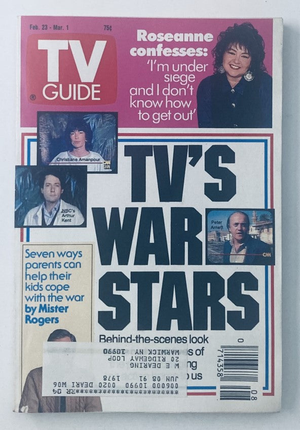 TV Guide Magazine February 23, 1991 cover featuring Roseanne Barr along with journalists Christiane Amanpour and Peter Arnett, highlighting 'TV's War Stars' and offering insight into 1990s pop culture.