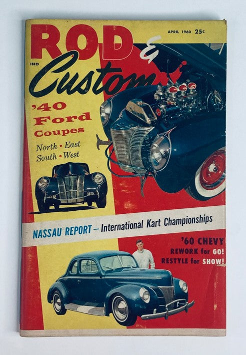 Vintage Rod & Custom Magazine April 1960 featuring '40 Ford Coupes and coverage of the International Kart Championships.
