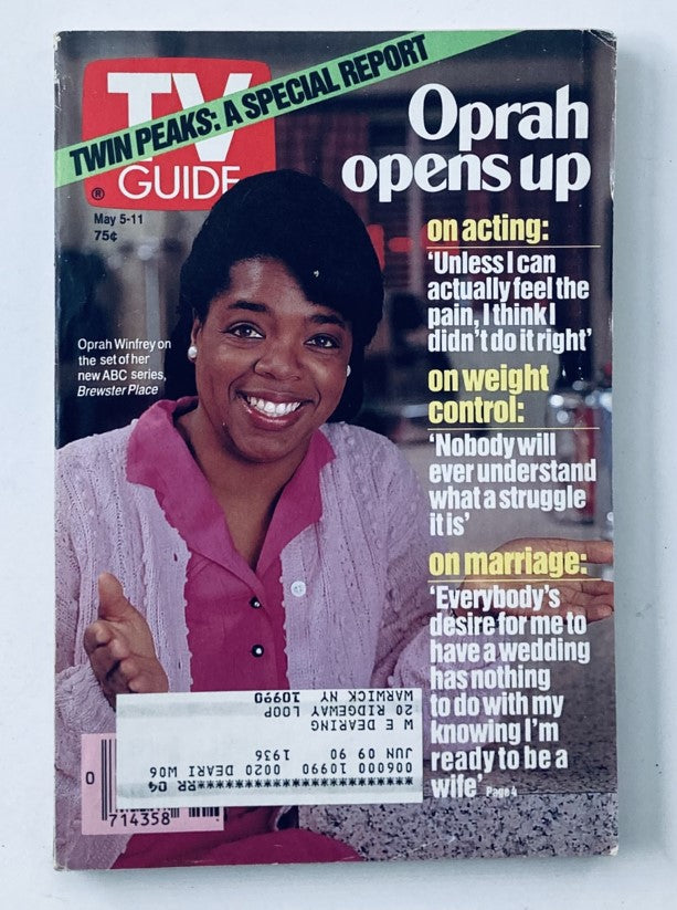 TV Guide Magazine cover from May 5, 1990 featuring Oprah Winfrey with a cheerful expression, discussing topics like acting, weight control, and marriage, promoting her new ABC series Brewster Place.